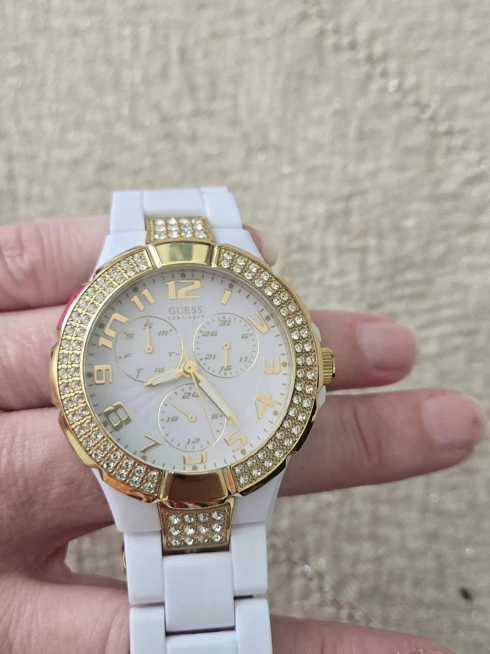 GUESS Women's White and Gold Crystal-Accent Silicone Watch - Picture 9 of 9